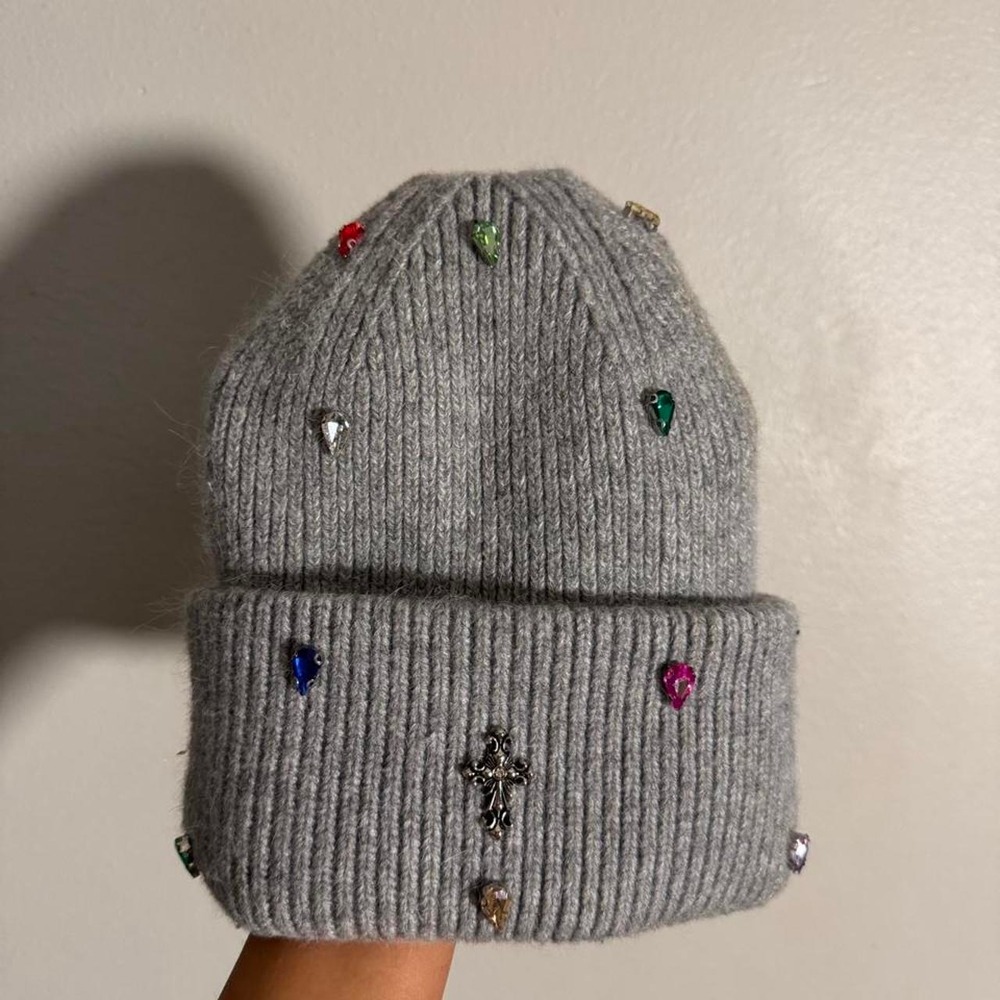 Gray heavy duty beanie with colorful gemstones and a cross charm
